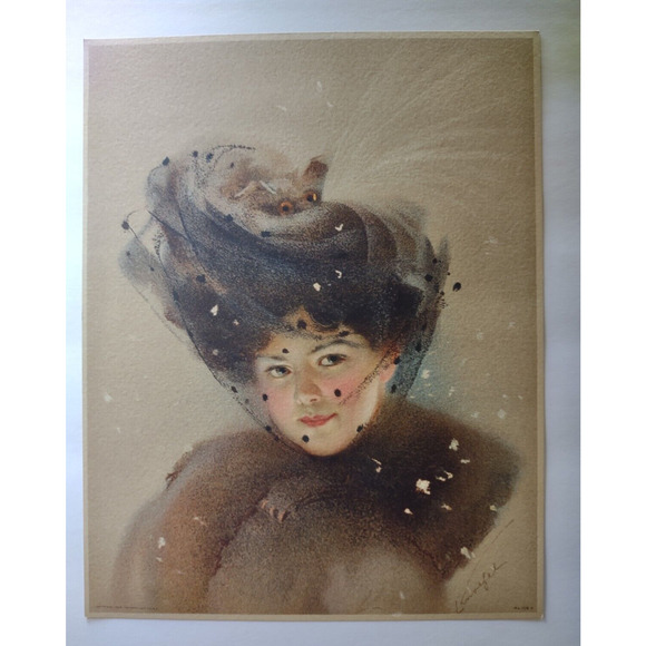 Victorian Art Print Women In Veil Hat Fur Hat Lithograph 1909 Original L Knoefel - Picture 2 of 5